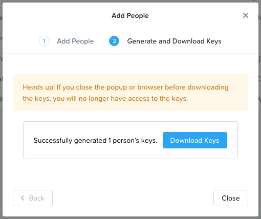 create object store access keys add people generate keys success